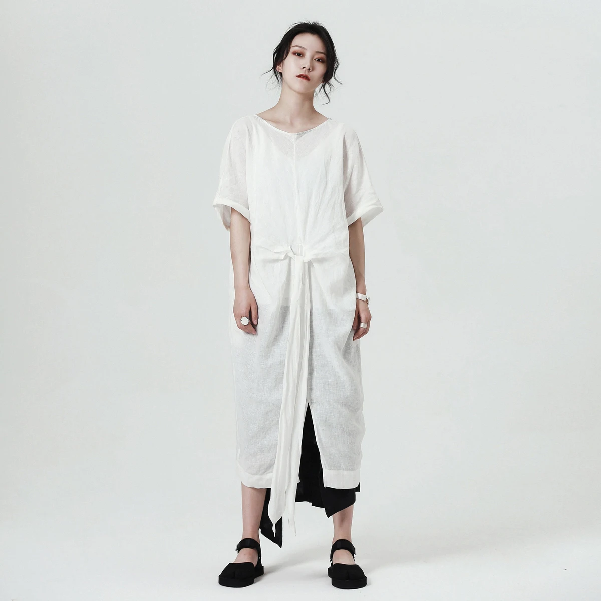[DEAT] New Spring Summer Women Casual Loose Solid Color Fashion Bandage Pleated Half Sleeve O-neck Mid-calf Dress LA21 - Цвет: white