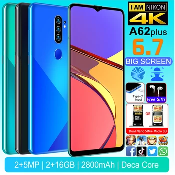 

Smartphone A62 PLUS Phone MTK6580P 3G Phones 2-core 6.7inch HD+ Cell phones 1440*3040 Unlocked cell phones 2GB+16GB 2MP+5MP