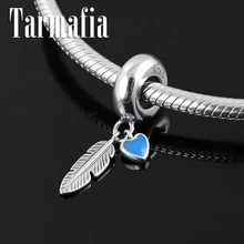 Синяя эмалированная подвеска в виде сердца и пера 925 стерлингового серебра кулон бусины для женщин подходит Pandora Шарм браслет ювелирные изделия DIY