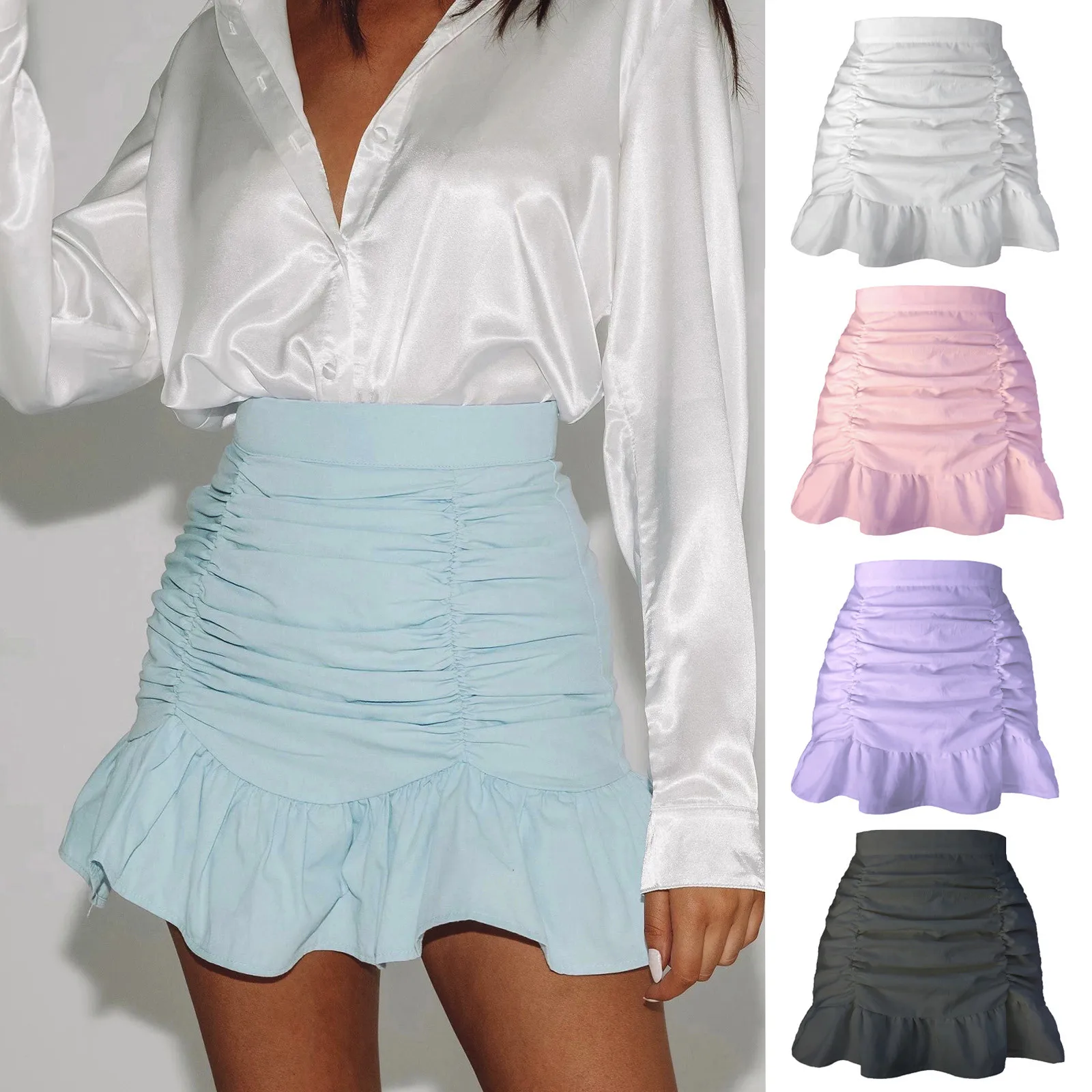 Obtenga esto Faldas Mujer Moda alta cintura vestido Faldas cortas de Mujer de verano plisado con volantes de cola de pescado Sexy Mini falda QMrXeNylK0x