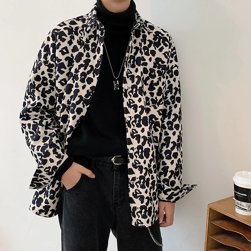 Осенняя новая Толстая леопардовая рубашка Мужская модная Повседневная рубашка с длинными рукавами уличная хип-хоп свободная леопардовая куртка пальто Мужская M-2XL - Цвет: black