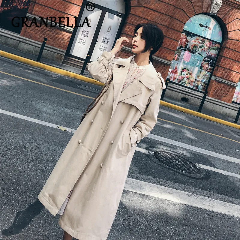 

2019 Hot Loose Medium-length Windbreaker Solid Color Double Breasted Waist Belt Office Lady Elegant Fashion Female Trench Coat