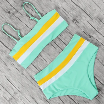 

Bandeau Bikini Set Women High Waist Bathing Suit Swimsuit Stripe Beachwear Splice Swimwear Female Bikinis 2020 Mujer Biquinis