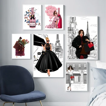 

Nordic poster fashion girl bag balloon champagne salon wall art print canvas painting and prints living room decoration