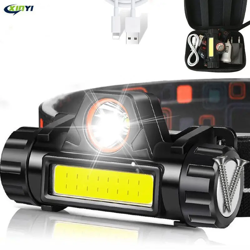 

USB Rechargeable LED Headlight Powerful XPE+COB Headlamp Head Torch IPX6 Waterproof Head Light with 1200mAh Built-in Battery