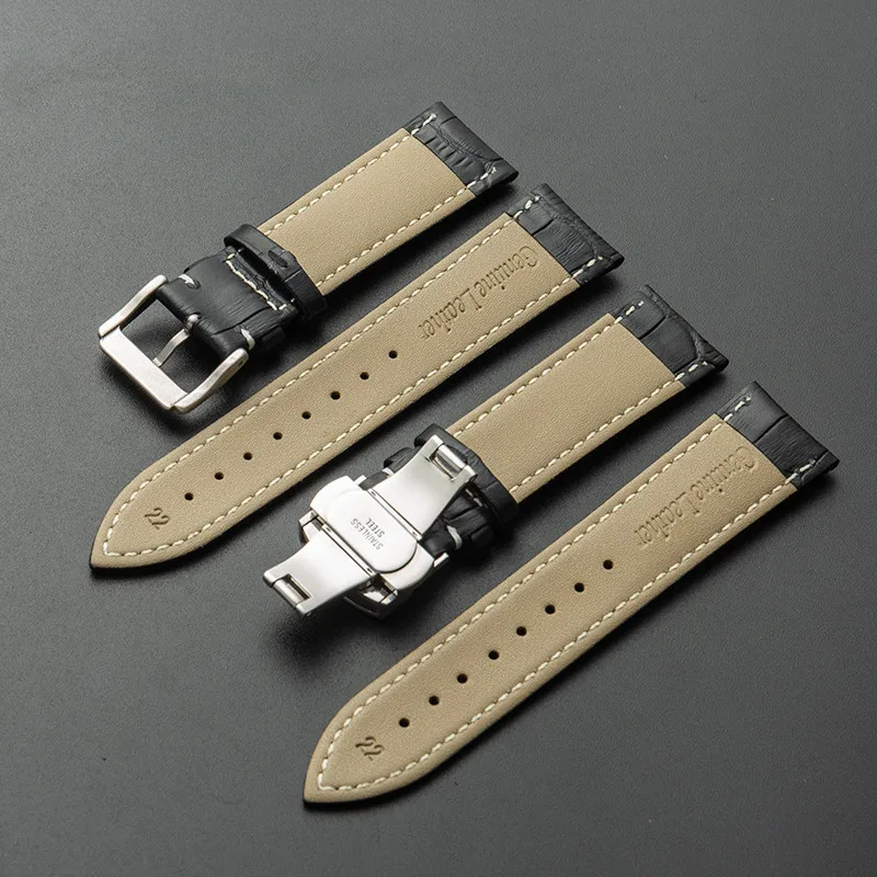 Luxurious Genuine Leather Watch Strap with Butterfly Clasp - Black & Brown