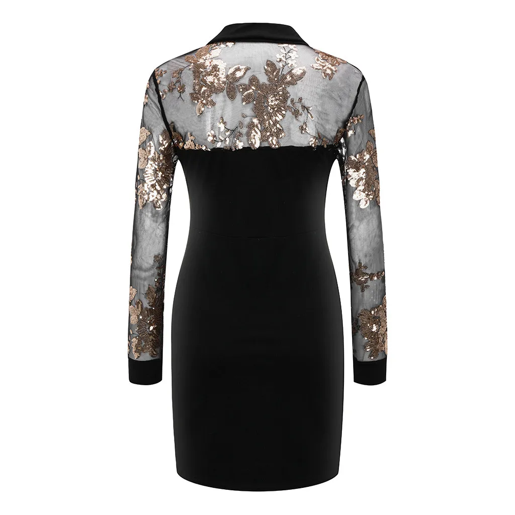 S-XXL, сексуальное Бандажное платье, новинка, зимнее, черное, цветочное, с блестками, платье с длинным рукавом, Сетчатое, пэтчворк, с вырезом, карандаш, облегающее платье для женщин