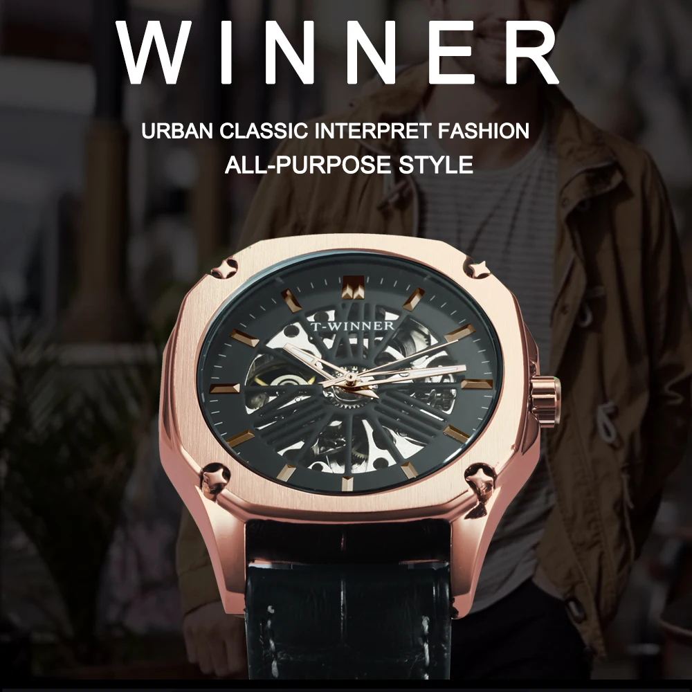 WINNER официальный Винтаж автоматические часы для мужчин Скелет Механические мужские s часы лучший бренд класса люкс розовое золото классическое платье часы