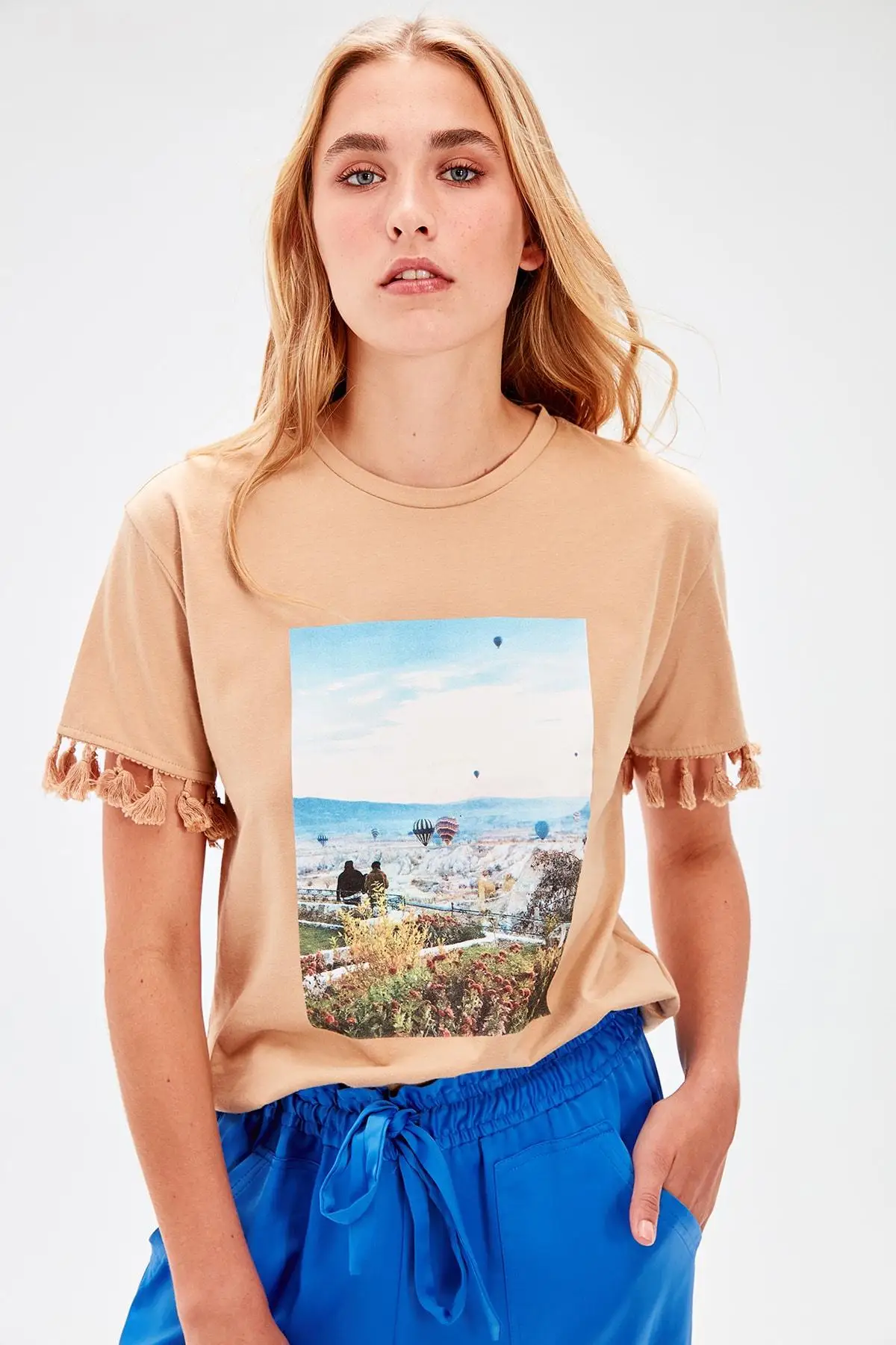 Trendyol Camel принтованная Базовая Трикотажная футболка TWOAW20TS0100|Футболки| |