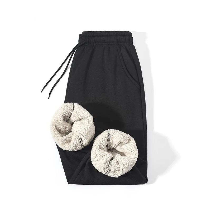 Кашемировые мужские зимние штаны с высокой эластичной талией, прямые толстые штаны из овечьей шерсти, мужские спортивные штаны, зимние брюки для мужчин - Цвет: Black