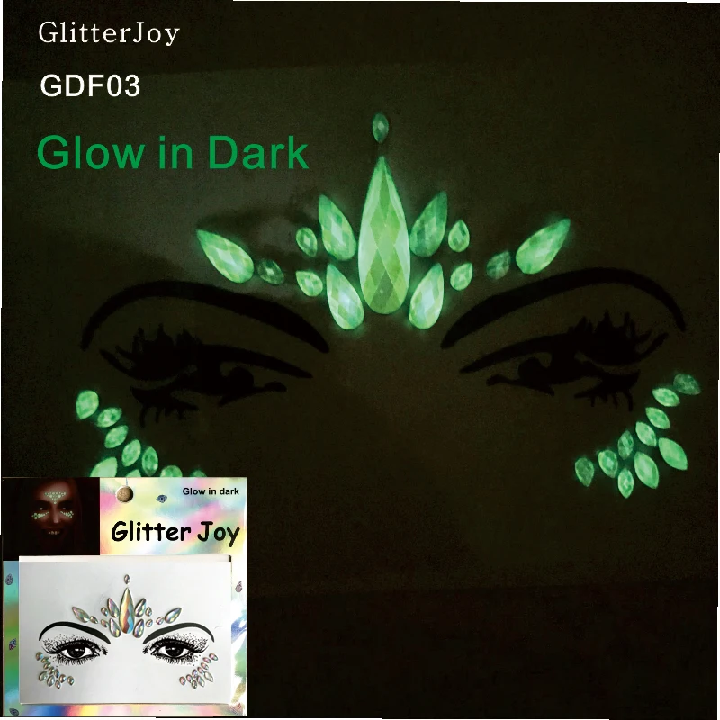 GDF03 1Pc Glow in Dark Luminous Face Rhinestone Temporary Tattoo Night Club Festival Party Body Gems Sticker | Красота и здоровье