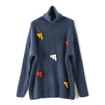 

Grape Applique Knitted Women Sweater Fashion Solid Turtleneck Oversized Pullover Autumn Winter Ladies Elegant Loose Sweaters