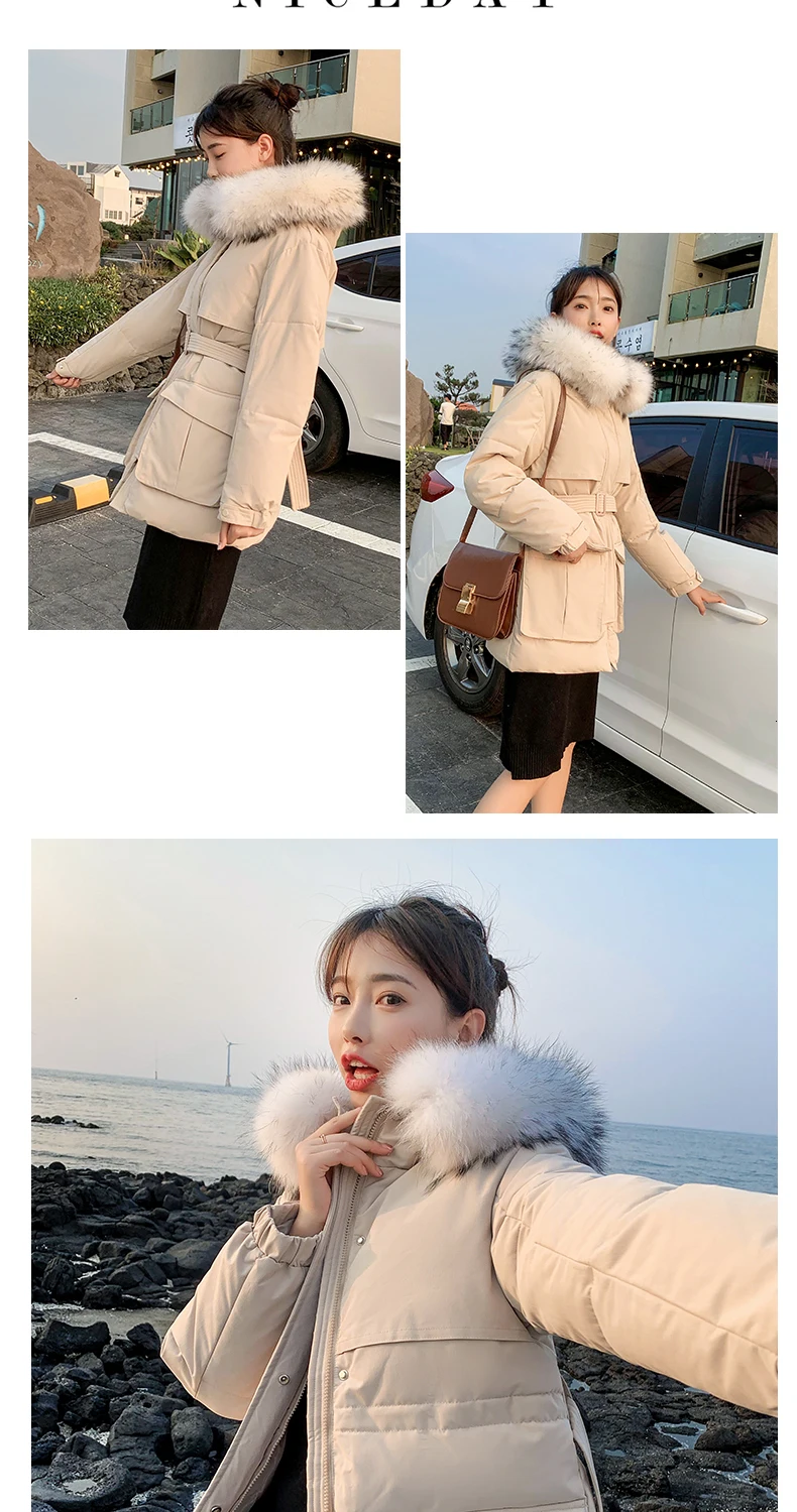 Down Belt Lady Long Cotton Loose Women's Winter Coat With Fur Collar Autumn Pocket Park Women's Long Coat Puffer Jacket