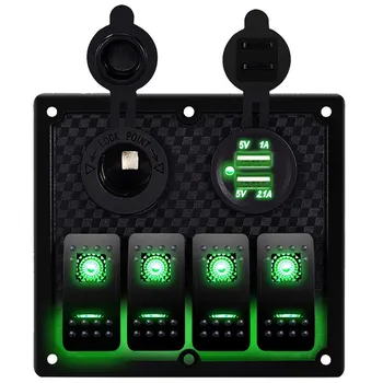 

12V-24V 4 Gang Car Marine Boat Circuit RV LED Toggle Rocker Switch Panel Breaker Voltmeter with Fuse Double USB for RV Car Boat