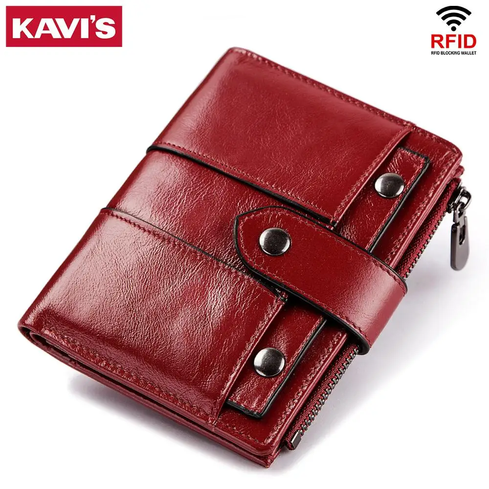 Meilleur KAVIS cuir véritable femmes portefeuille femme couleur rouge porte monnaie petit Walet Portomonee fermeture éclair et sac d argent dame mini port carte
