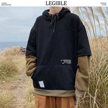 

LEGIBLE Men Hooded Hoodies Mens Autumn Loose Patchwork Sweatshirt Male Japanese Streetwear Oversize Pullover Men