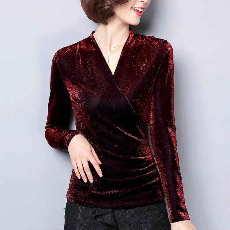 

V-neck Blouse Women Fashion Temperament Gold Velvet Button Plus Size 5XL Female Shirt Spring Korean Bottoming Long Sleeve Camisa