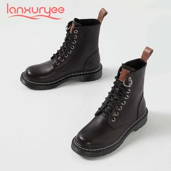 

Lanxuryee big size motorcycle boots genuine leather sewing preppy round toe thick med heel lace up handsome cozy ankle boots L26