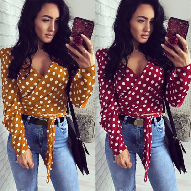 

2020 Summer Fashion Womens Casual Crop Vest Tops Blouse Long Sleeve Deep V Neck Polka Dot Tops