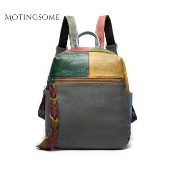 

Women Genuine Leather Backpack Patchwork Handwork Cowhide Retro Style Leather Backpack Fashion Mochila for Teenager Girl 2019