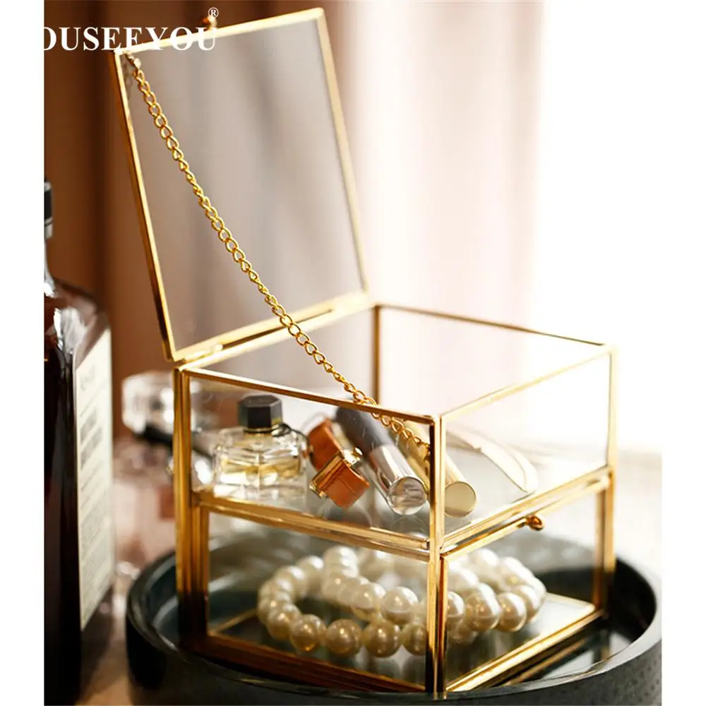 European Retro Copper Edge Drawer Glass Jewelry Storage Box Cosmetic Makeup Organizer Bathroom Rack Display Stand Holder