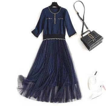 

Knitted Patchwork Mash Casual Dress Fit and Flare Button Mid-Calf 2020 Summer Women's Dress for Everyday Dress Female Summer