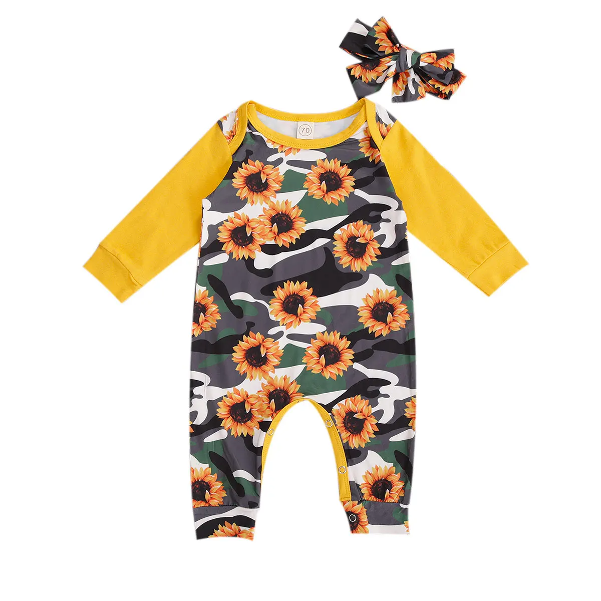 

Infant Long Sleeve Jumpsuit Summer Autumn Baby Boys Girls Round Collar Sunflower Camouflage Printing Romper+Bow Headwear Set