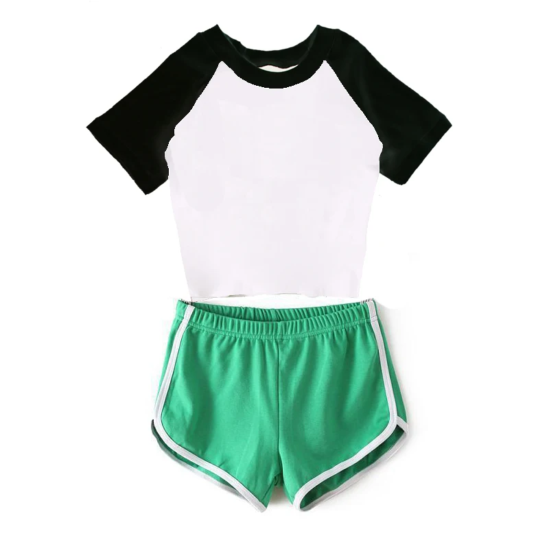 Green - White Женский комплект из двух предметов, летний спортивный костюм, короткие футболки и шорты, повседневный сексуальный спортивный комплект из 2 предметов, Женский Повседневный комплект в стиле Харадзюку - Цвет: Green - White