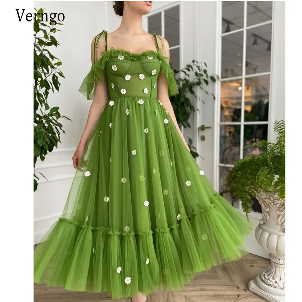 Verngo 2021 New Design Grass Green Tulle Prom Dresses With Adjust Ties