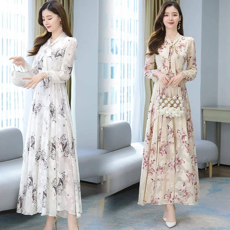 2021 New Spring And Autumn Dress Black And White Apricot Print Long Skirt High Quality Oversized Flower Long Sleeve Women's Chif