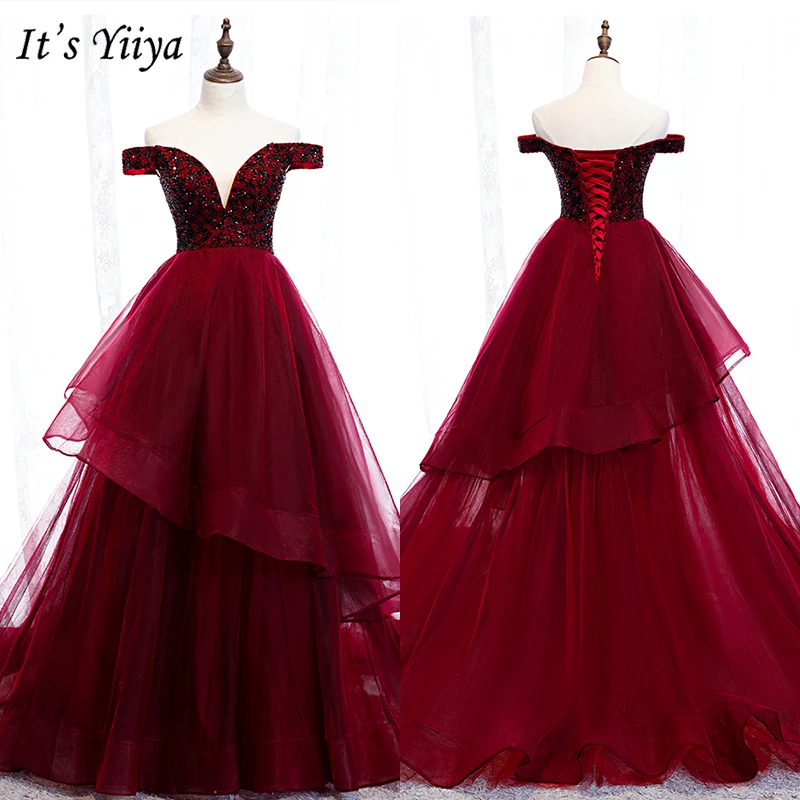 

It's Yiiya Evening Dress 2019 Plus Size Luxury Princess Long Train Ball Gown Elegant Boat Neck Off Shoulder Robe de Soiree E982