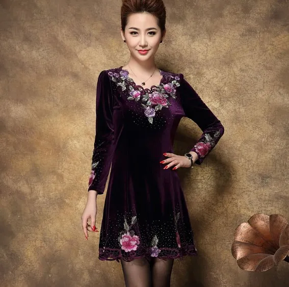 Vestidos De Festa Vintage Floral Embroidery Bodycon Party Dress For Middle Age Women's Plus Size Robe Print Velvet FW90 | Женская