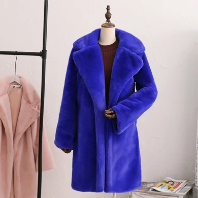 Blue ZADORIN пальто с длинными рукавами и отворотом из искусственного меха кролика Зимнее плотное теплое розовое Черное женское меховое пальто плюшевая куртка плюс размер - Цвет: Blue