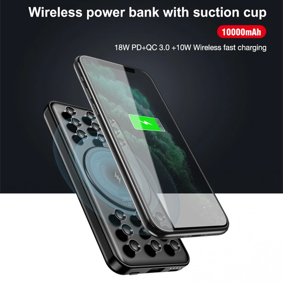 CASEIER Suction Cup Wireless Power Bank 10000mAh 18W Fast Charging PD QC 3.0 USB Type C Portable Banking Charger For Xiaomi Nova