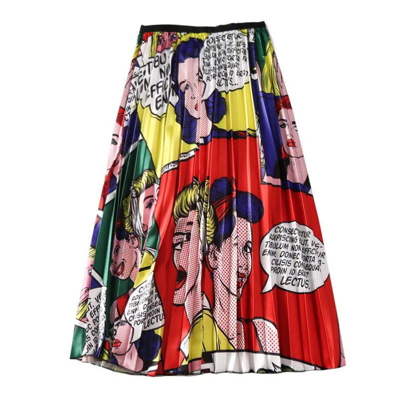 

2019 Autumn Women's Cartoon Print Skirts European High Waist A-line Big Swing Pleated Midi Skirts Harajuku Female High Quality