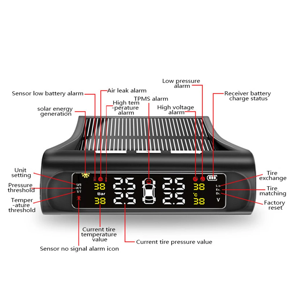 TPMS Solar Power Car Tire Pressure Alarm Monitor System Digital LCD Real-time Display Auto Security Alarm Systems Tyre Pressure