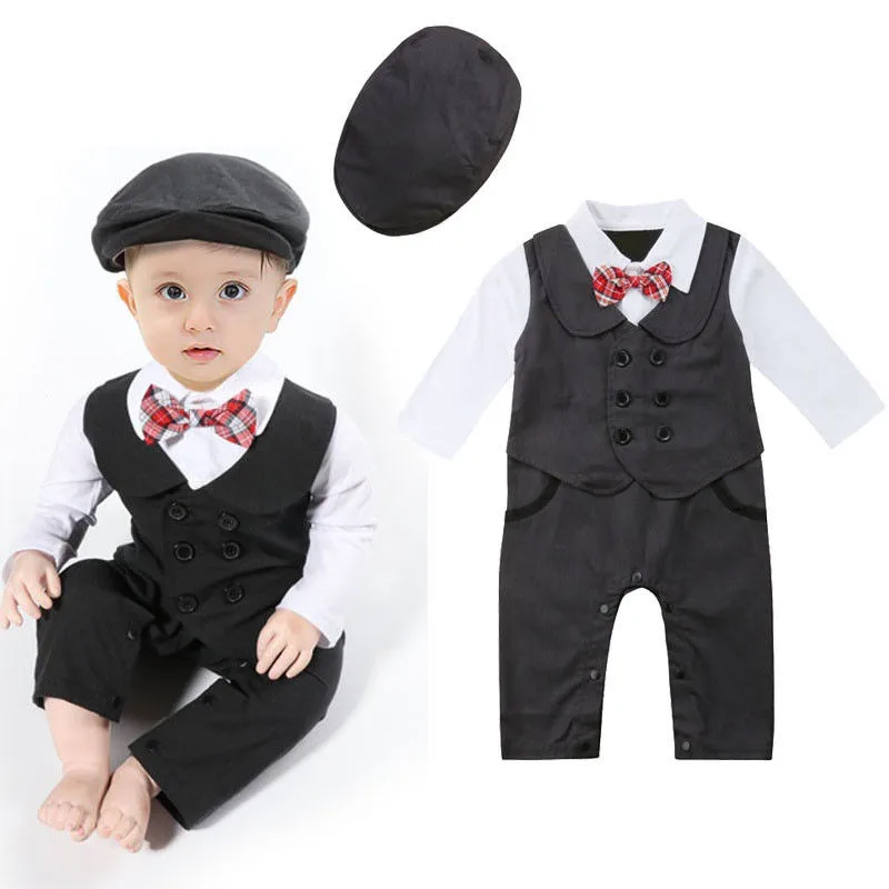 Одежда для новорожденных мальчиков от 3 до 24 месяцев деловой костюм джентльмена комбинезон с длинными рукавами и галстуком, комбинезон, смокинг, шляпа, комплект одежды