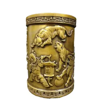 

LaoJunLu Old Collection Of Ming Dynasty Xuande Bronze Gilt 【The Tiger Makes The Mighty】A Pen Holder Imitation antique bronze