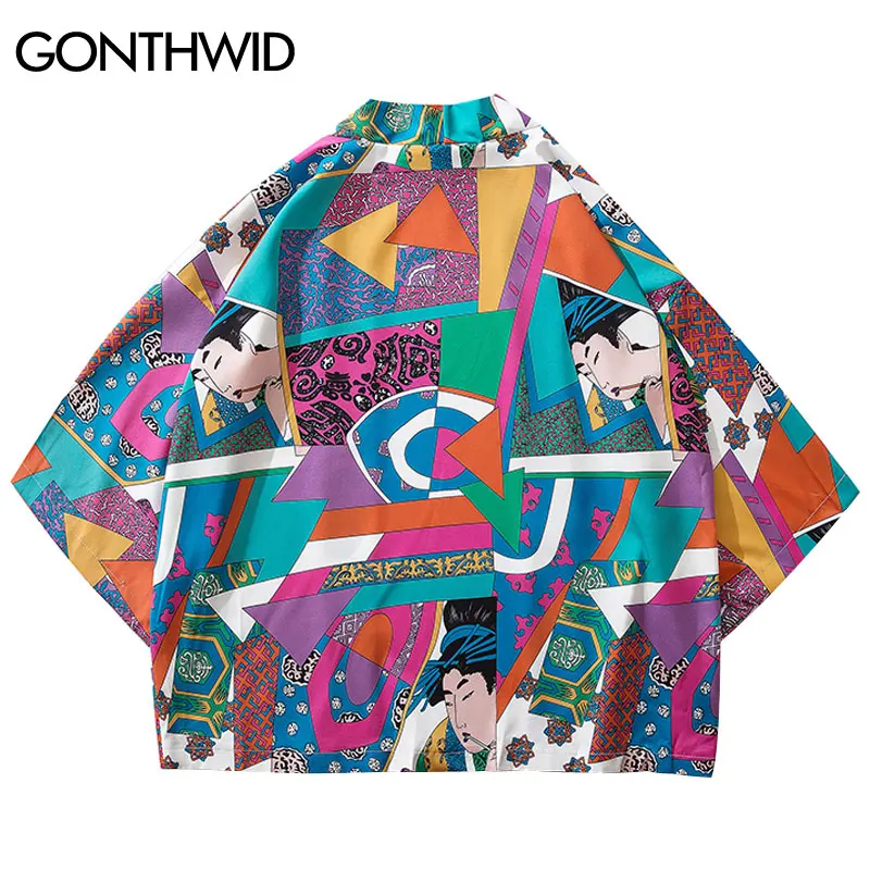 

GONTHWID Japanese Ukiyo-e Colorful Geometric Patchwork Print Kimono Cardigan Shirts Jackets Streetwear Hip Hop Open Front Coats