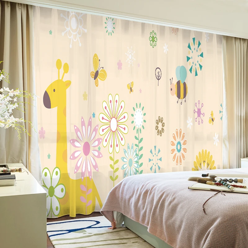 

Custom Chiffon Curtain Window Drape for Nursery Kids Children Living Room Giraffe Bee Floral