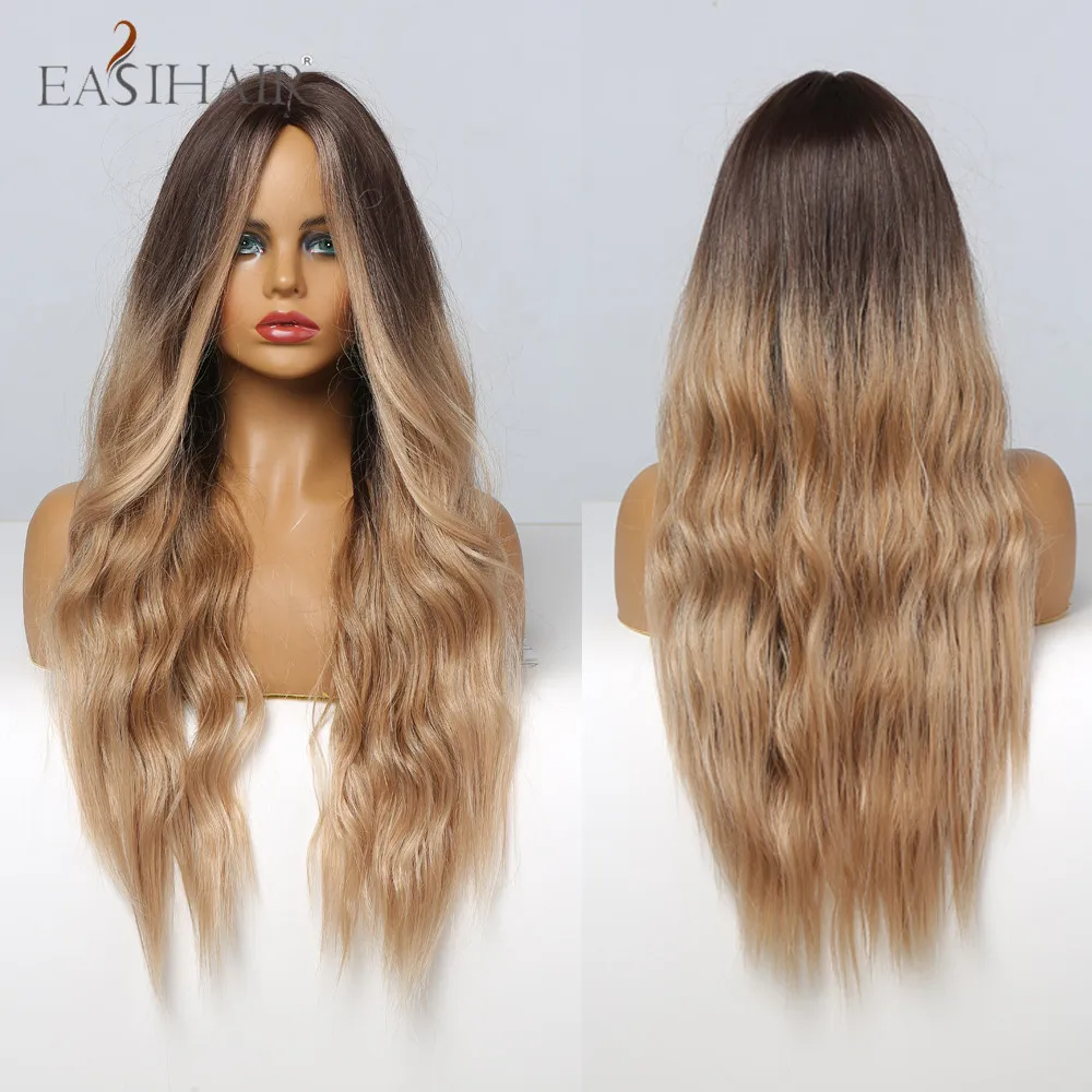 Wavy Wigs Hair-Wig Blonde Curly Daily Dark-Brown Long-Synthetic Ombre Women Middle-Parting