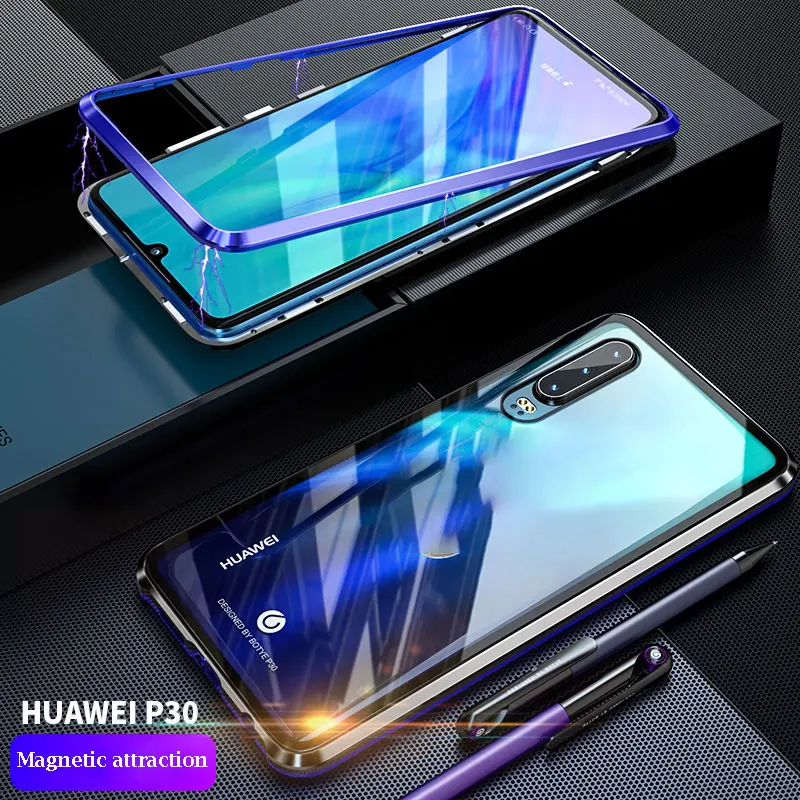 Магнитный металлический чехол для huawei P30 Pro прозрачный роскошный из закаленного