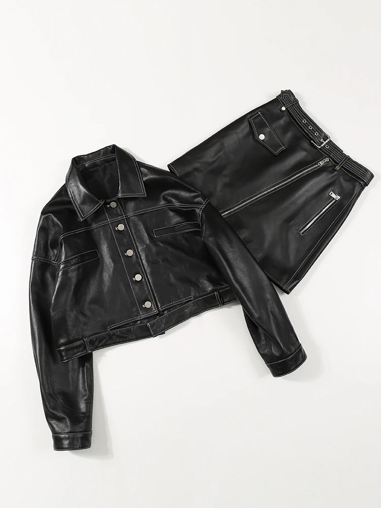 Autumn Commuter Leather Garment Sheepskin Slim Short Long Sleeve Coat