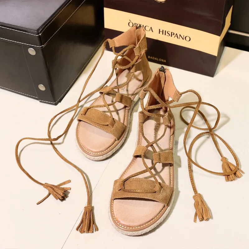 

Rome Bandage Cloth Sandals Women's Summer Flat 2019 New Style Students Versatile Korean-style Straw Rope Lace-up WOMEN'S Genuine