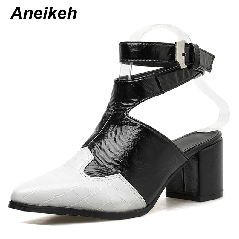 

Aneikeh NEW 2019 Autumn Ankle Wrap Ladies Sandals Shoes White&Black Snakeskin Pointed Toe High Chunky Heels Buckle Strap Pumps