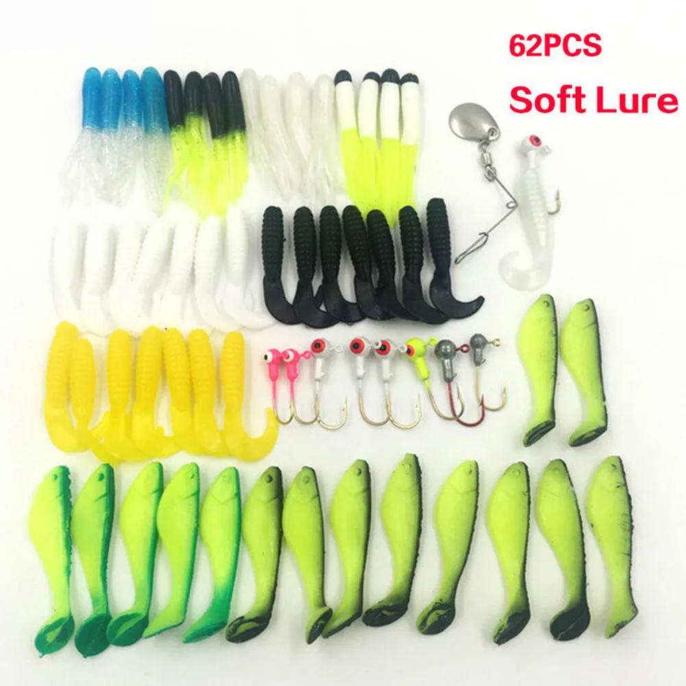 

62Pcs Silicone Fish Tackle s Soft Freshwater Fishing Crankbait Fishing Hook color