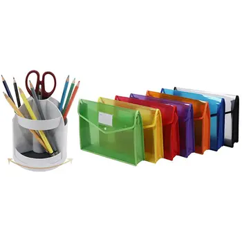 

1x Functional 7 Compartments Rotating Pen Pencil Holder (Gray) & 9Pcs/Set A4 Plastic File Wallet Document Folder