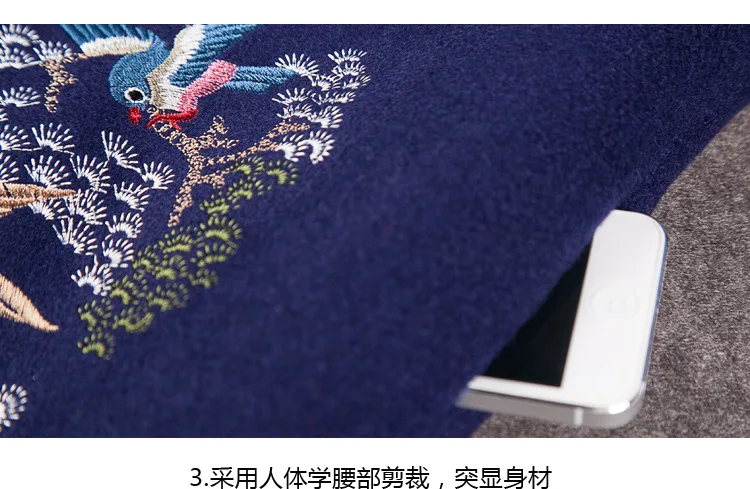 Plus size Autumn winter national trend women's outerwear embroidery long design stand collar women trench woolen overcoat