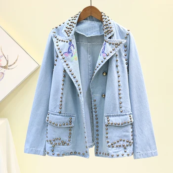 

Spring Fashion Rivet Embroidery Denim Jacket Women Vintage Washed Blue Outerwear Spring Slim Mid-length Jeans Jacket Coat Female