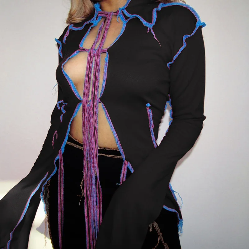 

Ladies Autumn Pullover Slimming Hollow Out Blouses Women Sexy Deep V-Neck Blouse Shirts Elegant Rib Knitted Long Sleeve Tops